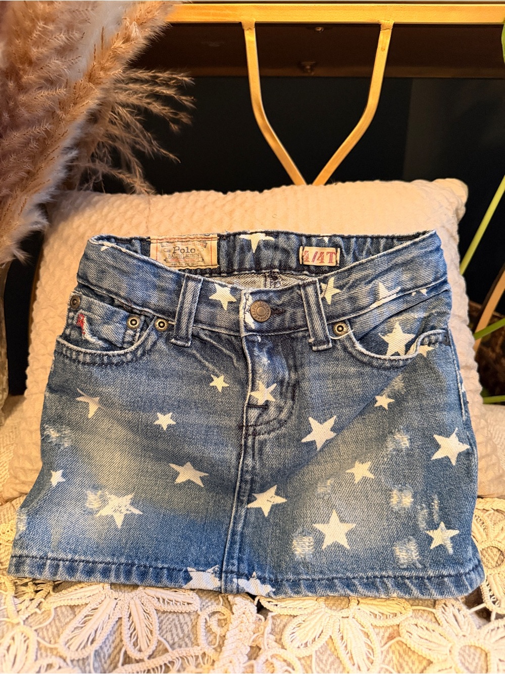 Polo by Ralph Lauren Girls' Denim Skirt with White Star Print - Blue